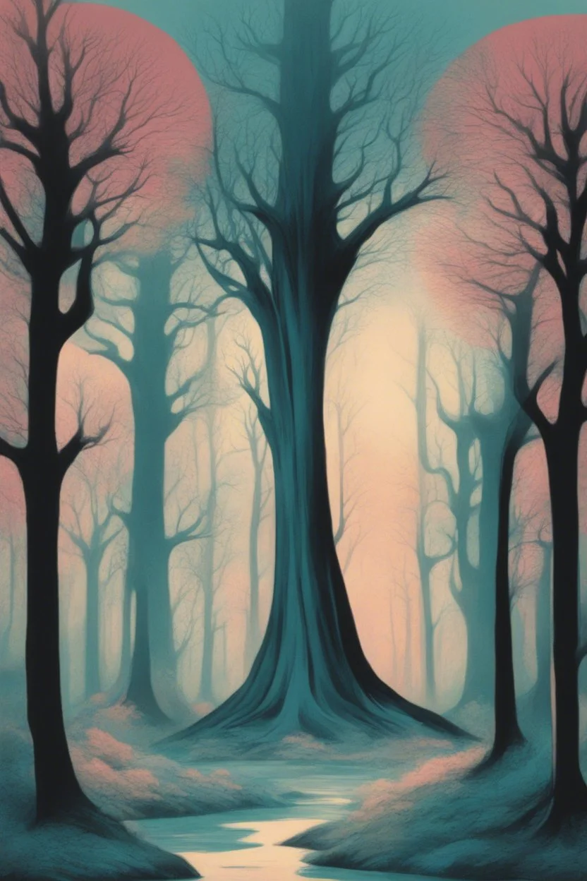 old illustration of wierd trees, style of Eyvind Earle, pastel colors