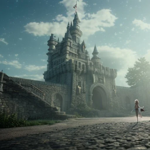 fairy tail castle with beautiful woman and wolf in the foreground