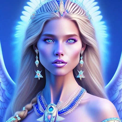 portrait of a beautiful aztecan woman with an angel face smiling,long blond hair, blue eyes, pink and blue dress, jewels, soft light aura