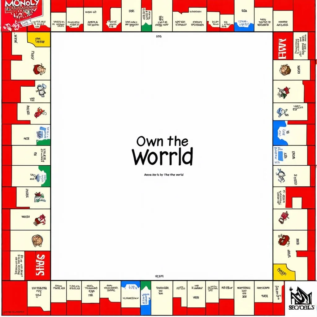 create a custom monopoly style board GAME with: 1 row of EQUAL SIDES 12 blank SQUARE EACH SIDE WITH A BIG SQUARE IN THE MIDDLE. MAKE THE WRITING IN THE MIDDLE SAY OWN THE WORLD ,