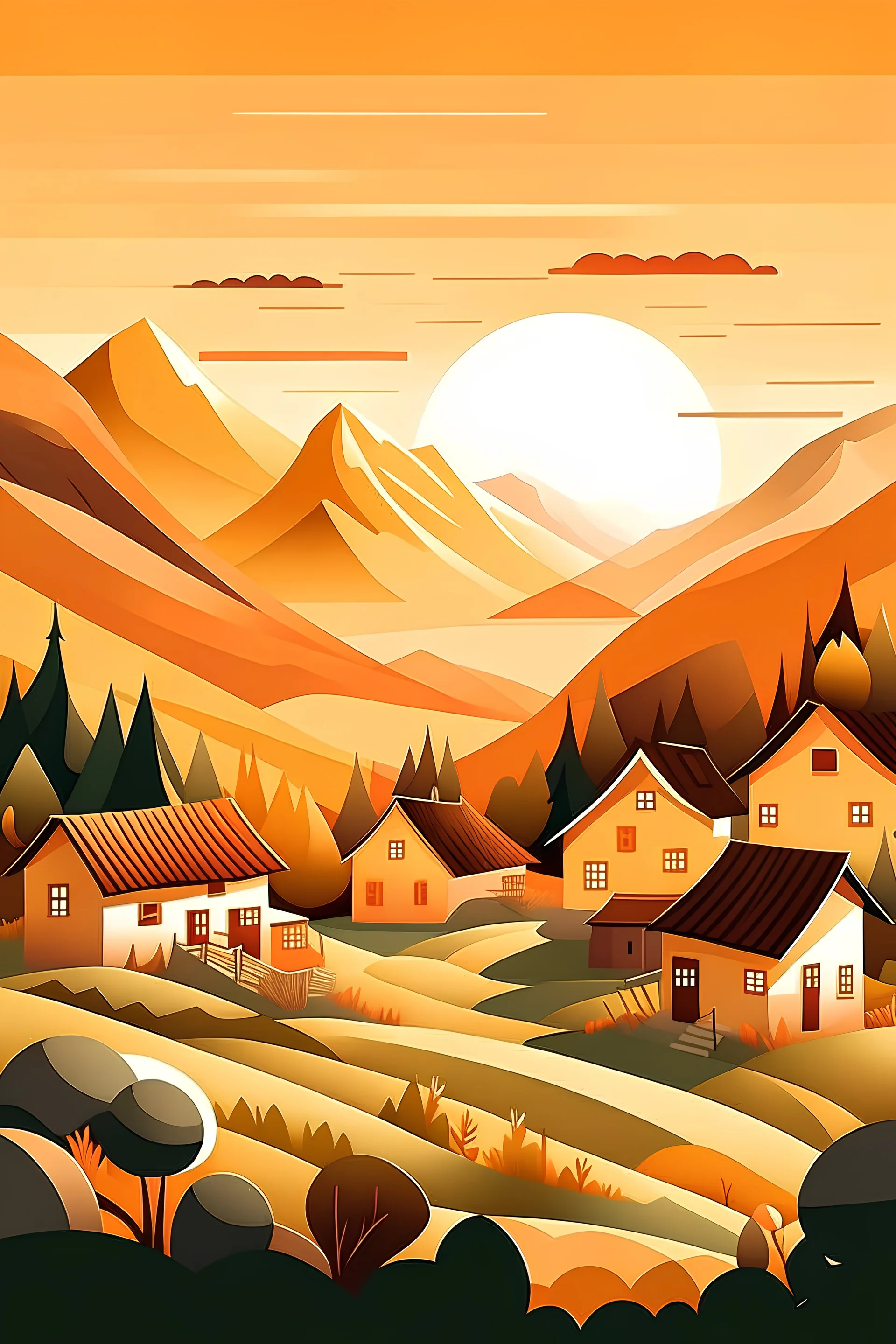 Beautiful village, houses, Mountains, trees, sunset, papercurl illustration.