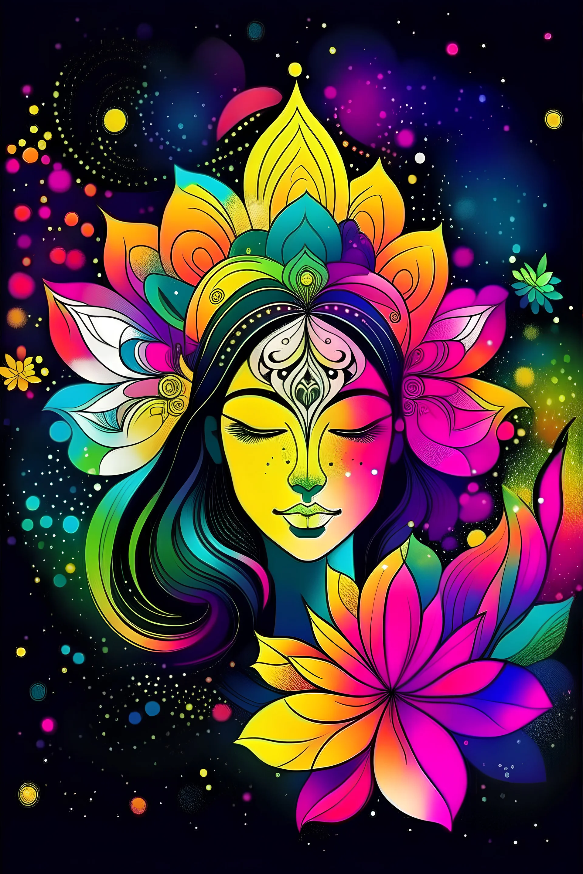 "Diseña una imagen de portada para la página de Padmeflor que combine imágenes creadas y diseños únicos con colores vibrantes que representen ideas frescas y creativas. Incluye un foco que simbolice la claridad de ideas, una flor de loto para la pureza y la belleza, herramientas de diseño para mostrar tu habilidad, brillos para destacar la calidad, y retratos de personas, animales y el espacio para reflejar la diversidad de tu trabajo. Asegúrate de incluir el nombre 'Padmeflor' de forma moderna