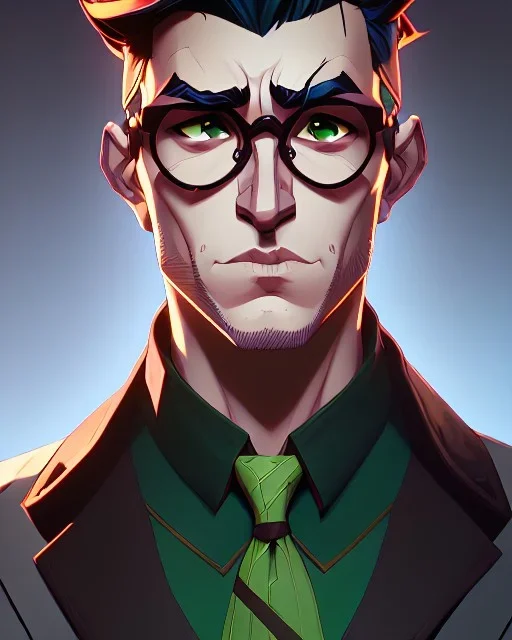 Fit man in round glasses, wavy hair, stubble, slim, tie, monotone, green eyes, comic book style, two tone colours, detailed, ink, realistic, handsome, square jaw, big brows, no jacket, bird on the shoulder, spotlight