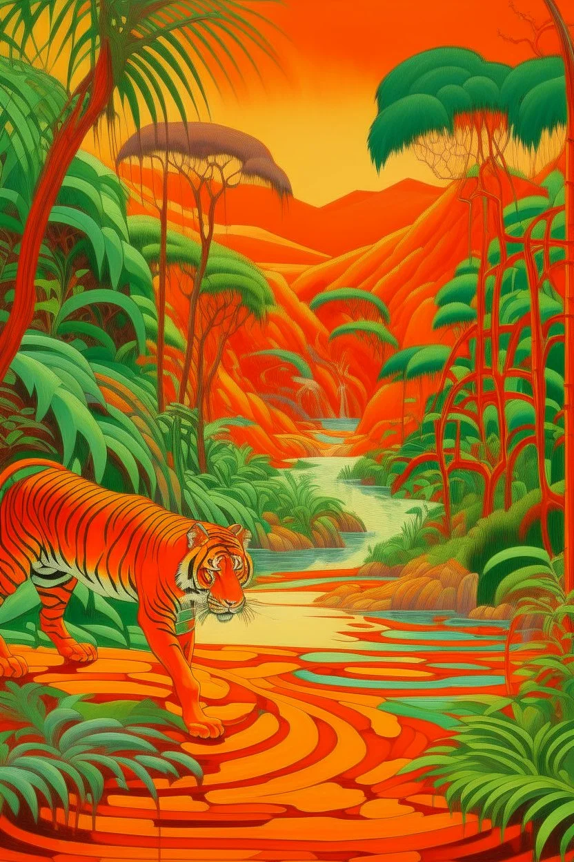 An orange colored jungle with devilish tigers and an acid lake painted by Frank Lloyd Wright