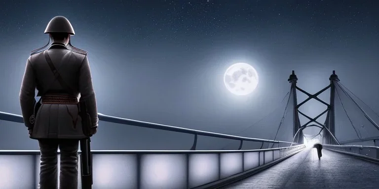 A eastern Soldier walking on the bridge , night , full moon , realistic , high resolution , HD , 1920pX1080p , dark