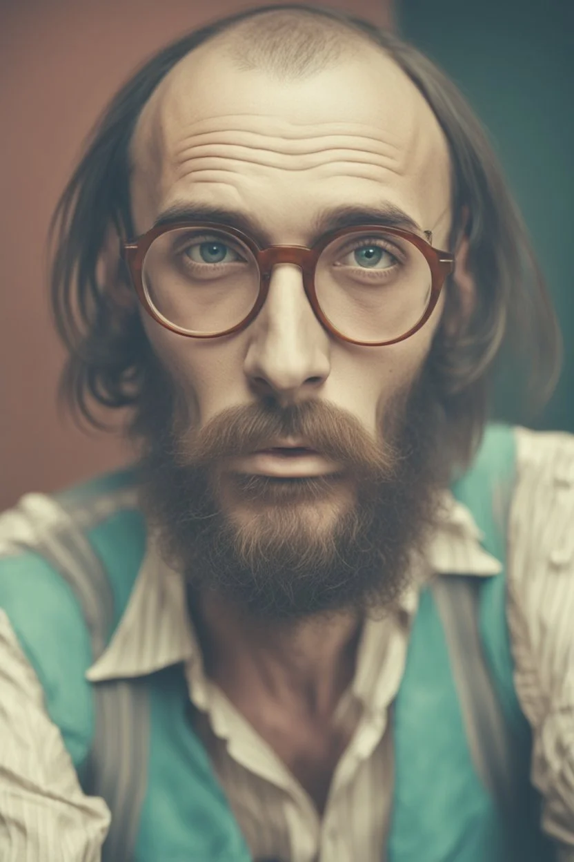 bohemian young ugly man with Parisian bohemian look and glasses of colours and poor and short short short and poor hair on the head with receding hairline. Farsightedness glasses with big eyes. Long beard. Vintage look and feel like photo styleof the 70s