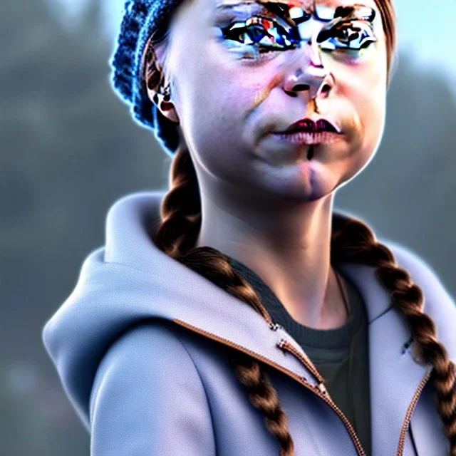  Greta Thunberg de hulya avsar, hdr, très réaliste , très intriqué, très détaillé , très précis 16k, angle parfait, figure de cinéma, arrière plan d'une gare de chemin de fer, octane effect, rendering 3d, unreal engine, cinema 4d