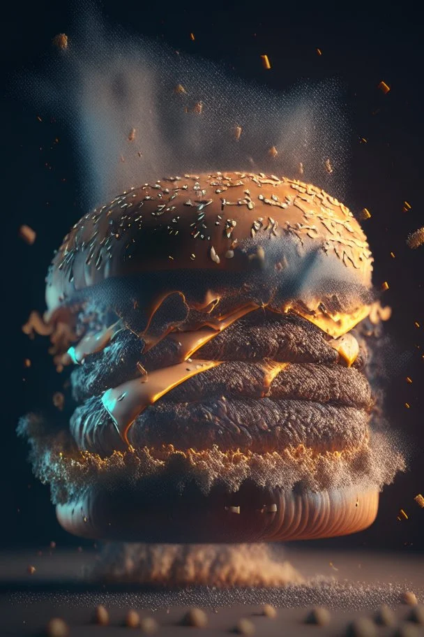 a burger turning into dust, extremely detailed dust particle details, natural colours, meticulously intricate perfectly symmetrical extremely detailed, pixiv daily ranking, pixiv, extreme depth of field, artstation, sculpture style, spectacular details, volumetric lighting, masterpiece, cinematic, Hollywood production, 8k resolution, high definition, max octane render, vivid colors, max resolution, unreal engine , max perfectionism, realistic composition, professional photography, max focus, mas