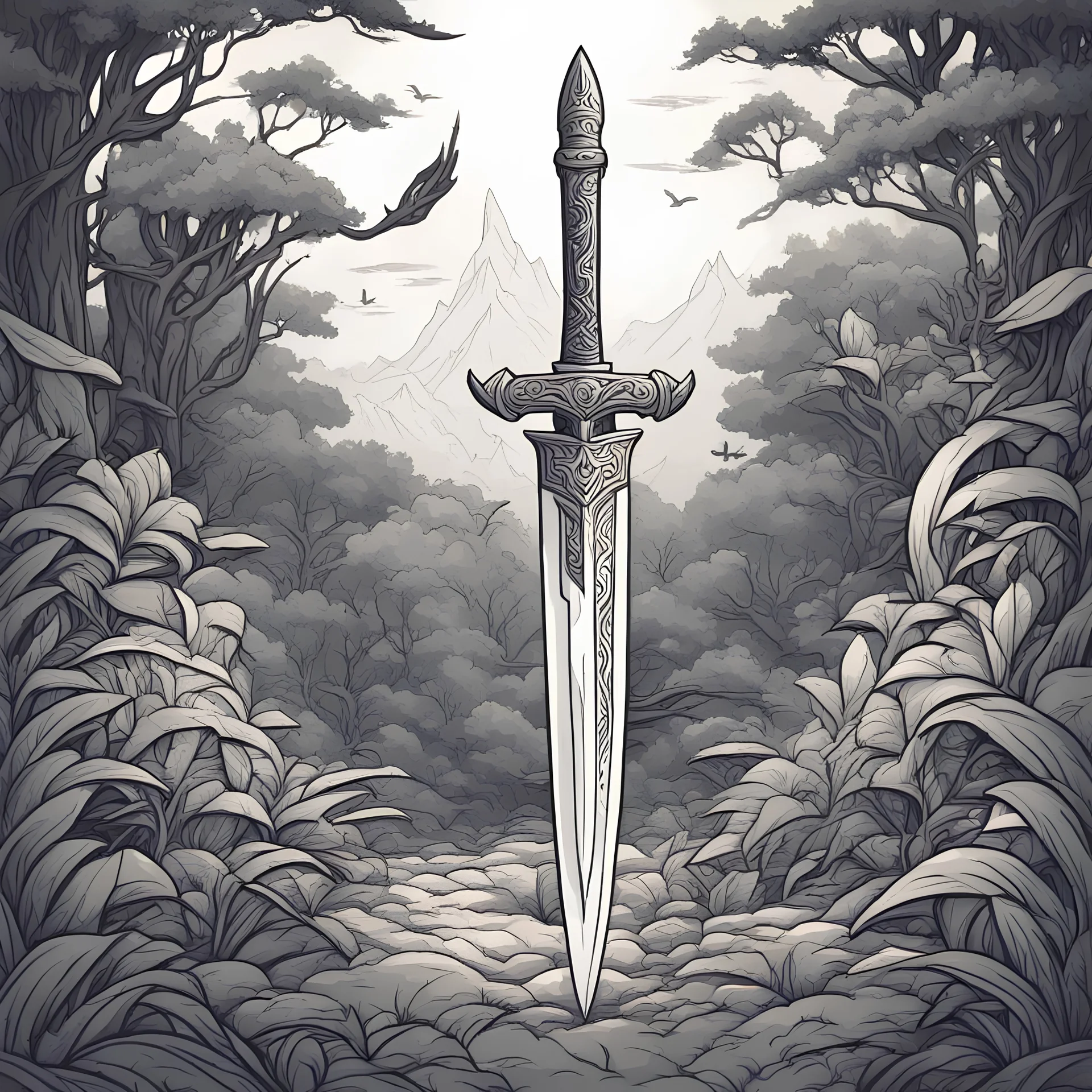 A sword used in combat and then the blade flies off into the bushes in Zen Tangle art style