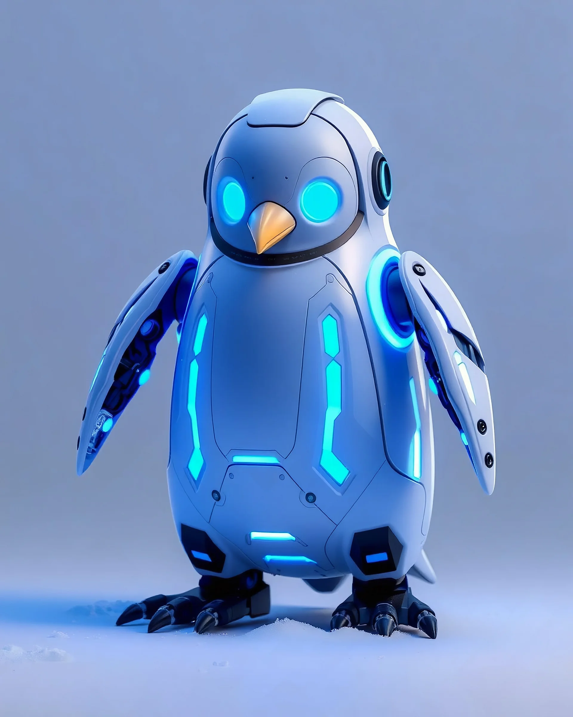 A futuristic robot penguin with icy blue lighting effects in humanoid form.