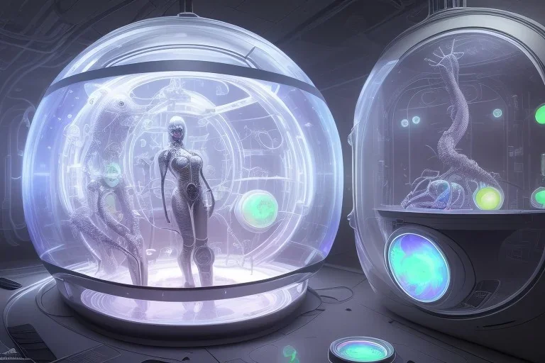 detailed sharp focused portrait very beautiful cyborg transparent glossy glass skin surrounded glowing tubes inside an incubator futuristic hospital bio lab, intricate rendered by beeple, by syd meade, by android jones, by yoanne lossel, by artgerm and greg rutkowski, space art concept, sci - fi, digital art, unreal engine, wlop, trending artstation, sharp focus