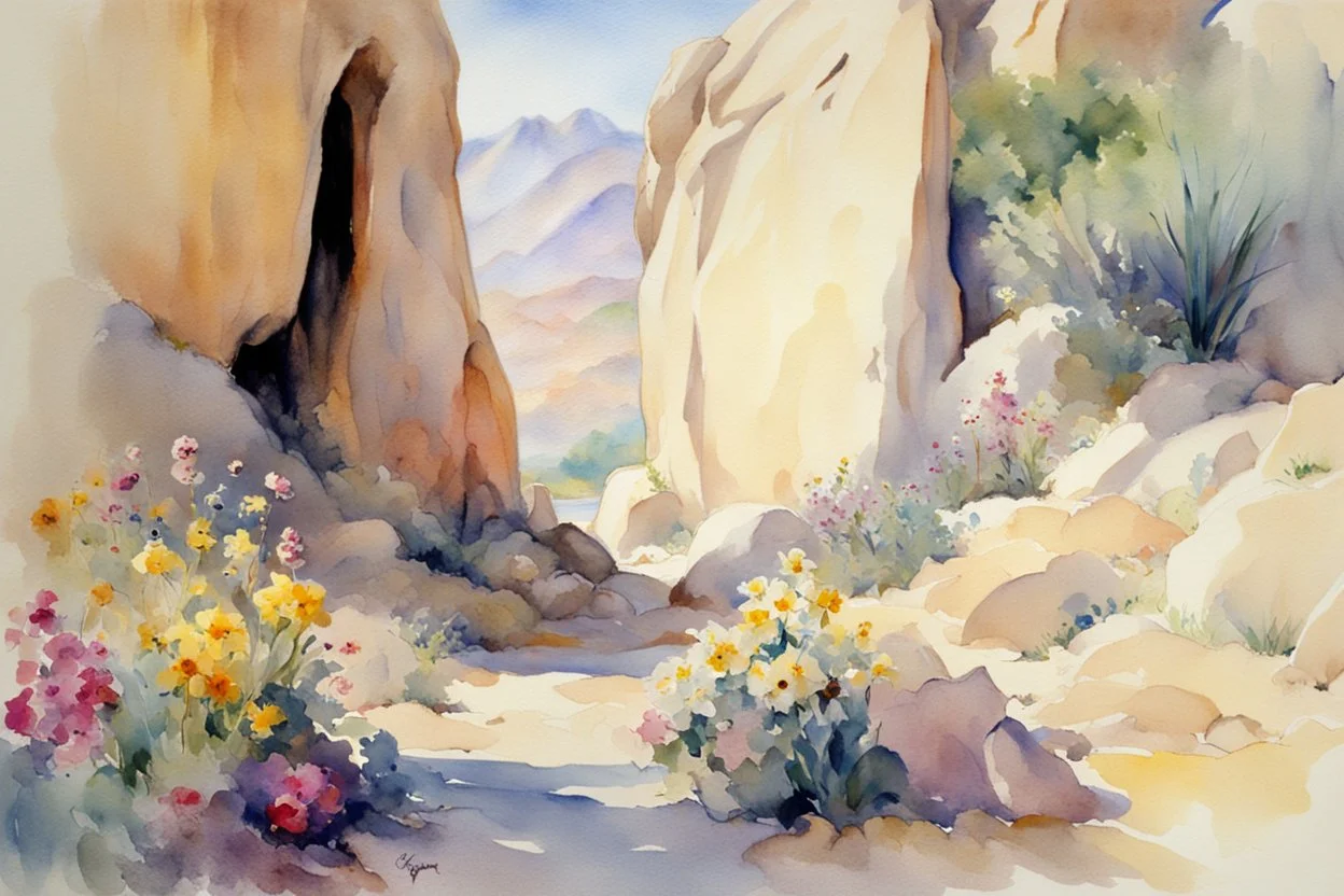 Sunny day, flowers, mountains, rocky land, fantasy, sci-fi, john singer sargent watercolor paintings