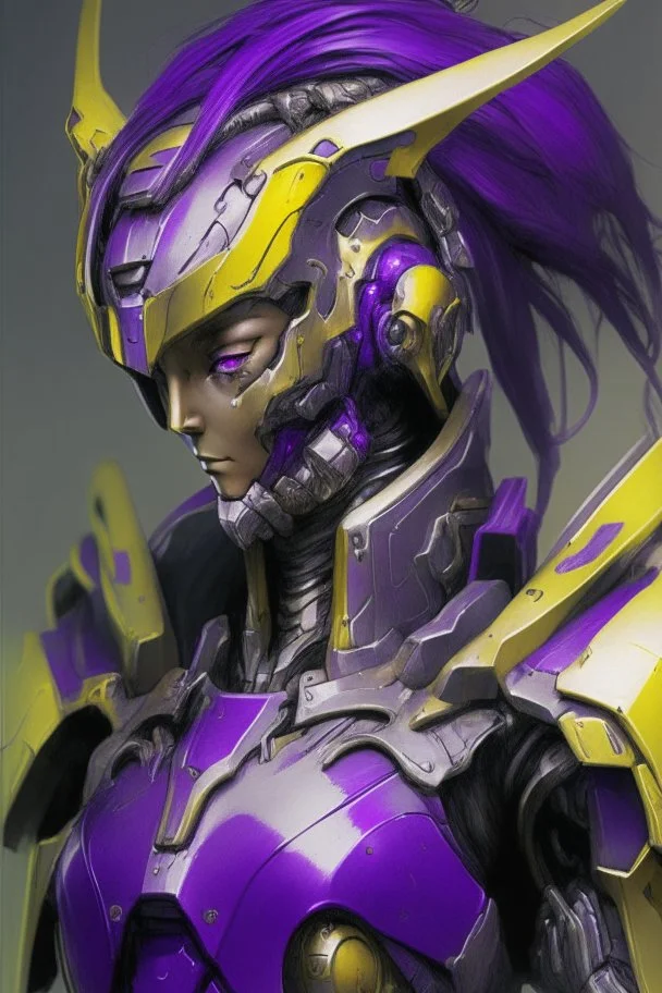 A Genderless Cyborg made of metal, has a human like face with a long violet ponytail, the cybord is wearing armor similar to Omega. The color palatte of the armour is deep purple and yellow.