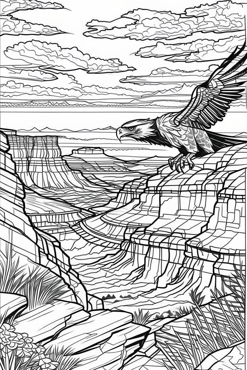 An eagle glides effortlessly over the immense, rugged grandeur of the Grand Canyon. The canyon's colossal depths and layered rock formations create a breathtaking backdrop for the eagle's flight, symbolizing the immense power of nature and the bird's absolute freedom..coloring book page, simple and clean line art, adult drawing book, black and white, crisp black lines, no shades, sharp lines, coloring book for adults, cartoon style, landscape