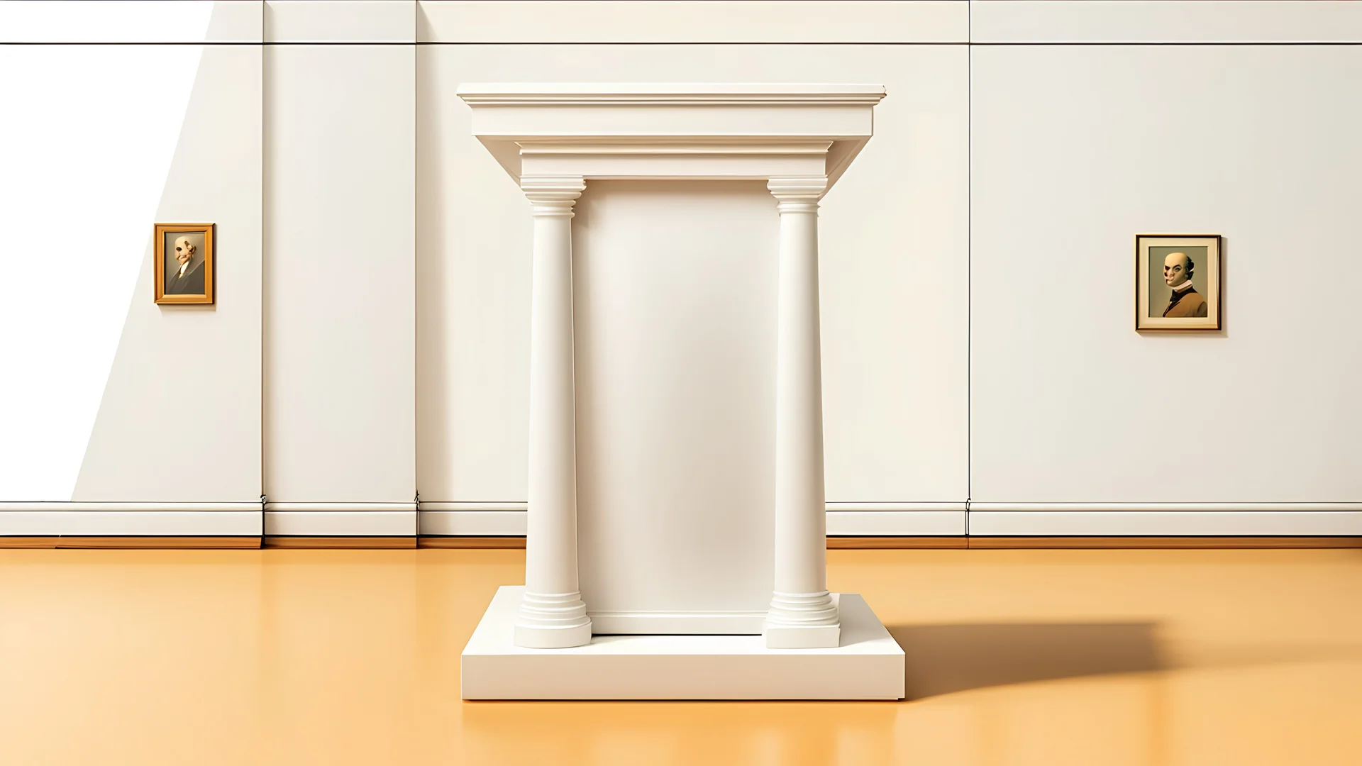 comic style, a small white pedestal, in a museum