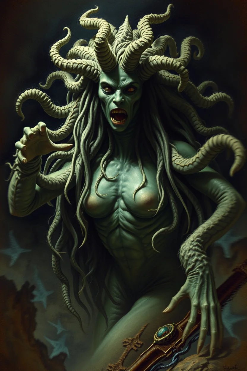 Medusa, en god og snill og flink og veldig søt og hårete som en hippie , humanoid skapning fra universet, de regjerer ofte i underjordiske byer . ser på seg selv som overlegne , abyss city, motion blur, painted by Rembrandt