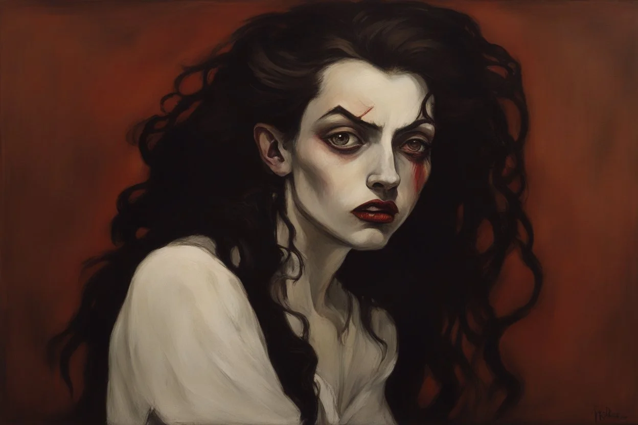 Painting of a deranged and twisted, Goth vampire girl, with highly detailed hair and facial features in the Expressionist style of Egon Schiele, Oskar Kokoschka, and Franz Marc, in muted natural colors