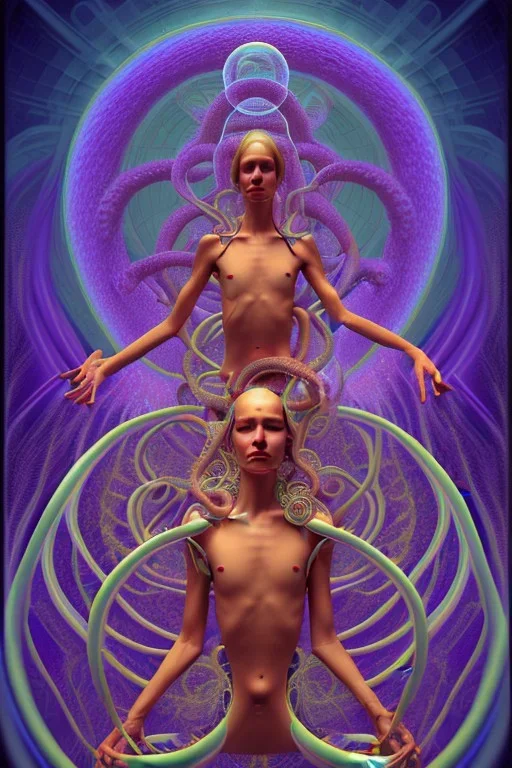 Spiritual being with Tentacles over human Head creating reality around, wrapping Spiral around Human, Psychedelic