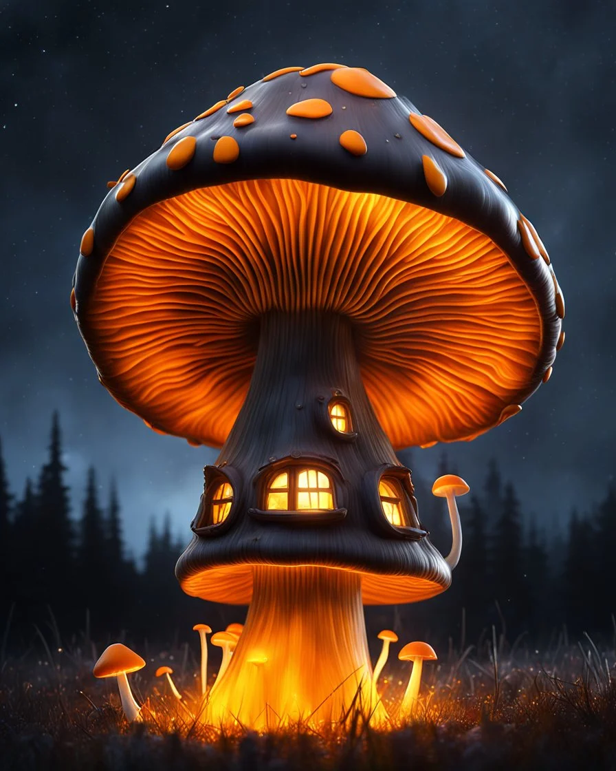 A solitary floating mushroom house on a clear night. silver and yellow and orange, Dark cosmic interstellar. Detailed Matte Painting, deep color, fantastical, intricate detail, splash screen, hyperdetailed, insane depth, concept art, 8k resolution, trending on Artstation, Unreal Engine 5, color depth, backlit, splash art, dramatic, High Quality Whimsical Fun Imaginative Bubbly, perfect composition