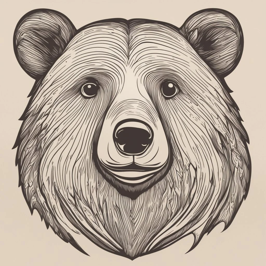 funny bear head from profile, simplified sketch 70's cartoon style, monochromatic letterpress technique