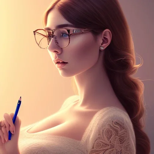 Thicc 30 year old mother of five, drawing on a sketchpad, glasses, brown hair, hazel eyes, Beautiful, cute, intricate, highly detailed, 8k, HDR, dynamic lighting, professional quality, post edit