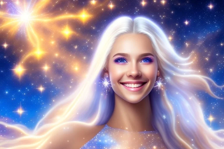 very beautiful cosmic women with white long hair, smiling, with cosmic silver dress and brightly earings. in the background there is a bautiful sky with stars and light beam