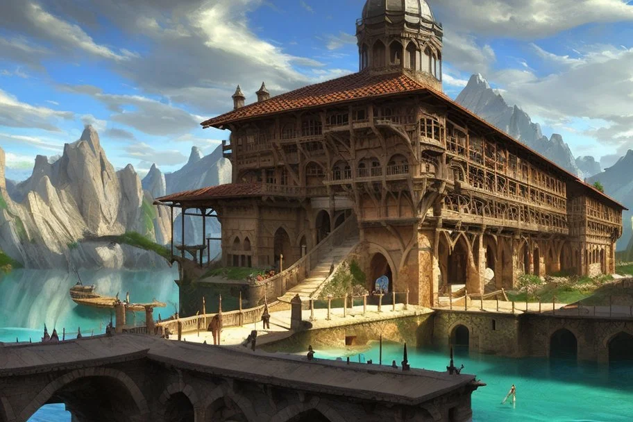 medieval buildings with balconies overhanging lake edge with blue sky and people, photorealism, fantastical, intricate detail, splash screen, concept art