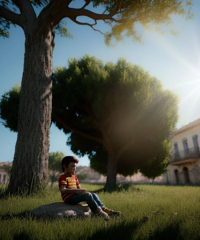 realistic image, spanish boy sitting under a tree, god rays, 8k, 16 bit, vibrant color