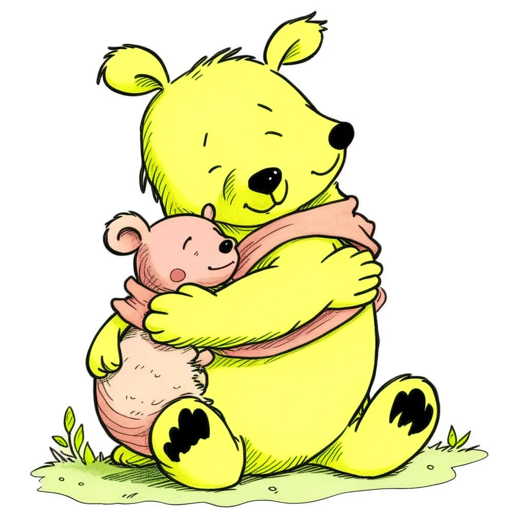 illustration of Winnie the pooh cuddling a pig