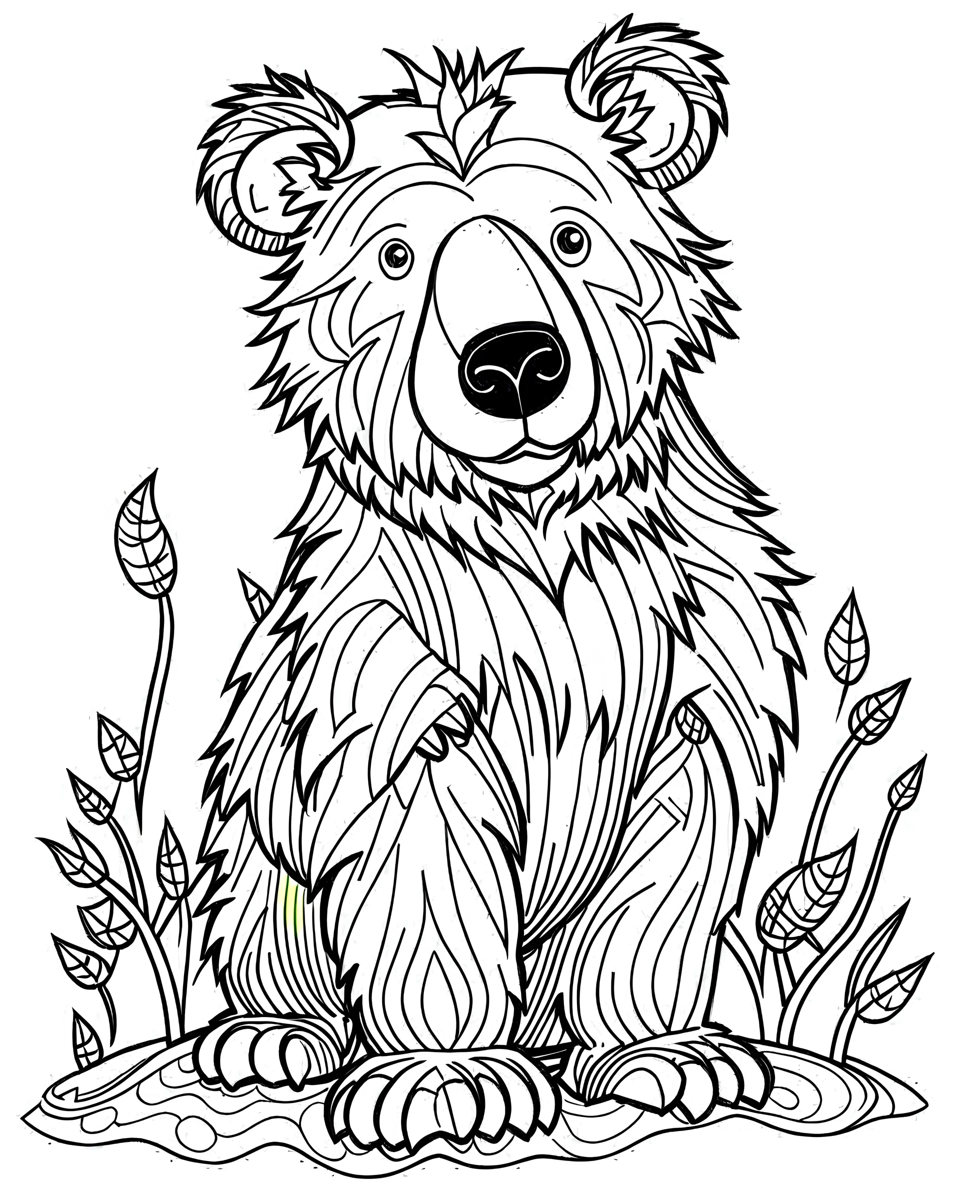 b/w outline art for kids coloring book page Animal-themed, coloring pages, hd bear in it's Habitat, full white, adults style, white background, whole body, Sketch style, full body (((((white background))))), only use outline., cartoon style, line art, coloring book, clean line art, Sketch style, line-art