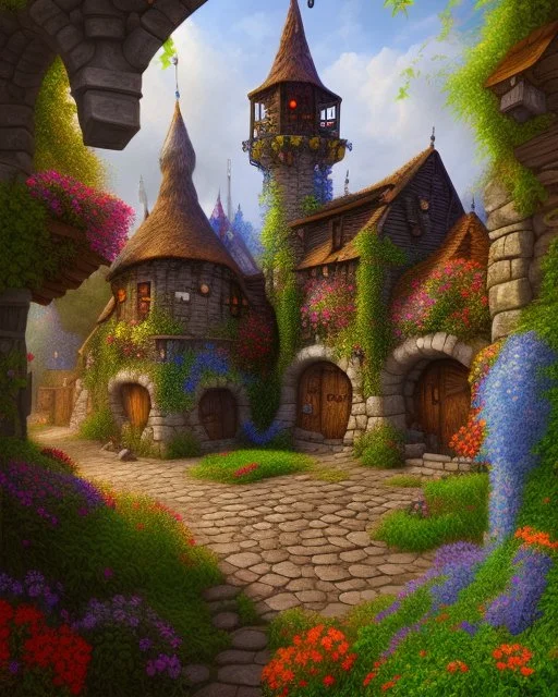 medieval fantasy village with flowers rpg art painterly