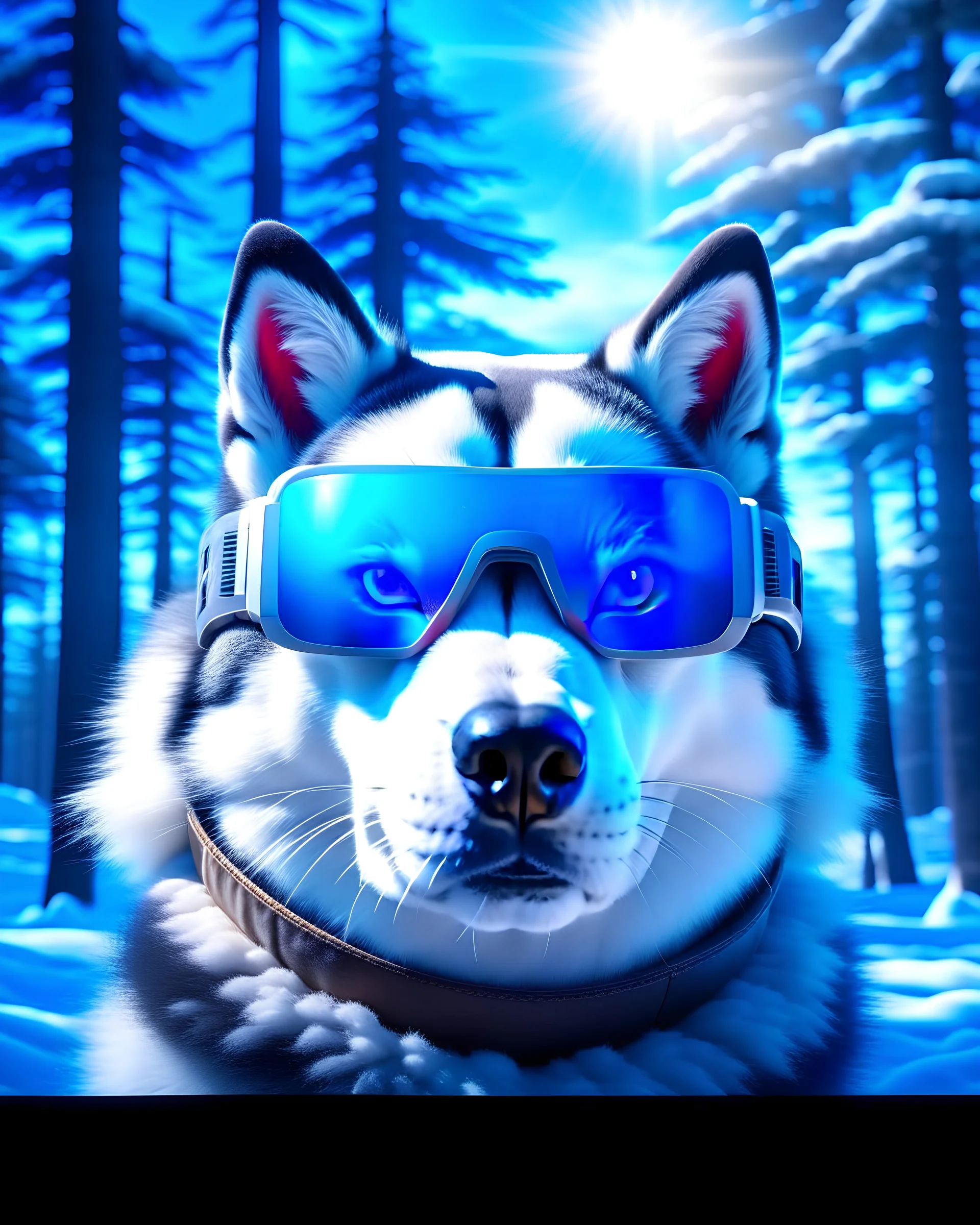 Siberian Husky with futuristic science fiction glasses, contrasting snow-covered forest background, photo-realistic artwork, hyper-detailed 8k