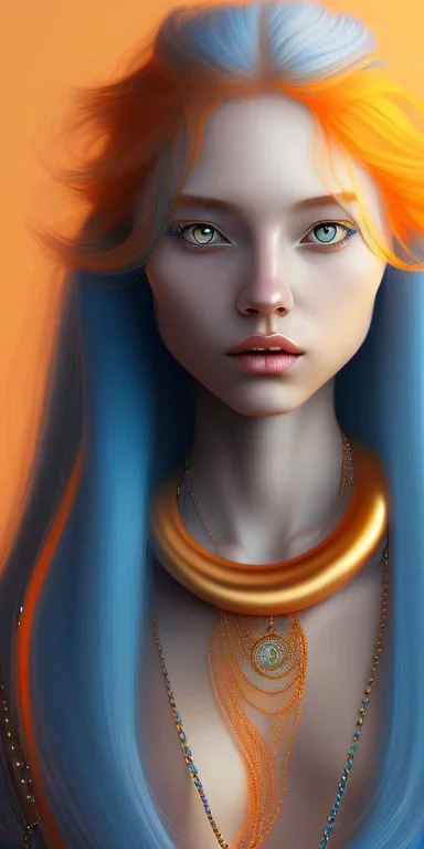 human kingfisher girl with long blue hair and orange strand of hair wearing a blue winter coat and a gold necklace