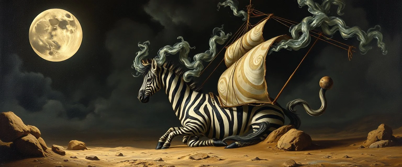 master oil painting by Rembrandt, good afternoon clay moon chill hyper bigger than life zebra dream smoking trickster golem peeking out of a sand twister whirlwind cocoon, all inside a bottle ship and there are lotsa huge twisted glassy marble marbles