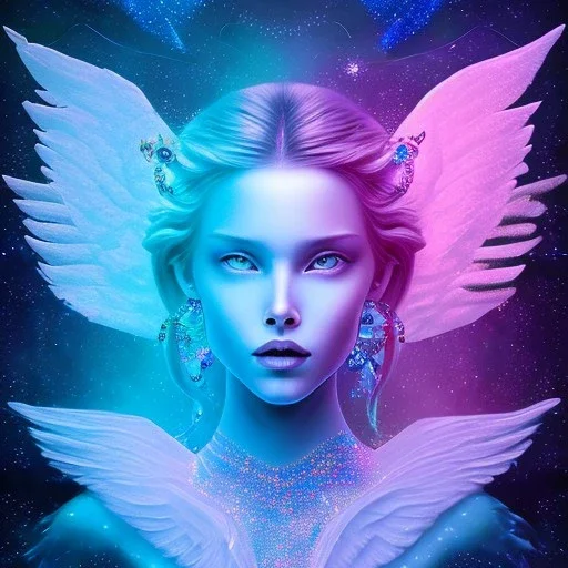 Face Angel crystalline, blue,pink , cosmic, opalescent, gemstones, crystals, other worldly,water,bright, ice background, snow lake blue