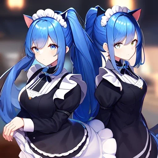 Clear Focus, High resolution, wearing a maid uniform, fluffy hair and a long ponytail, blue hair, cat ears, meowing