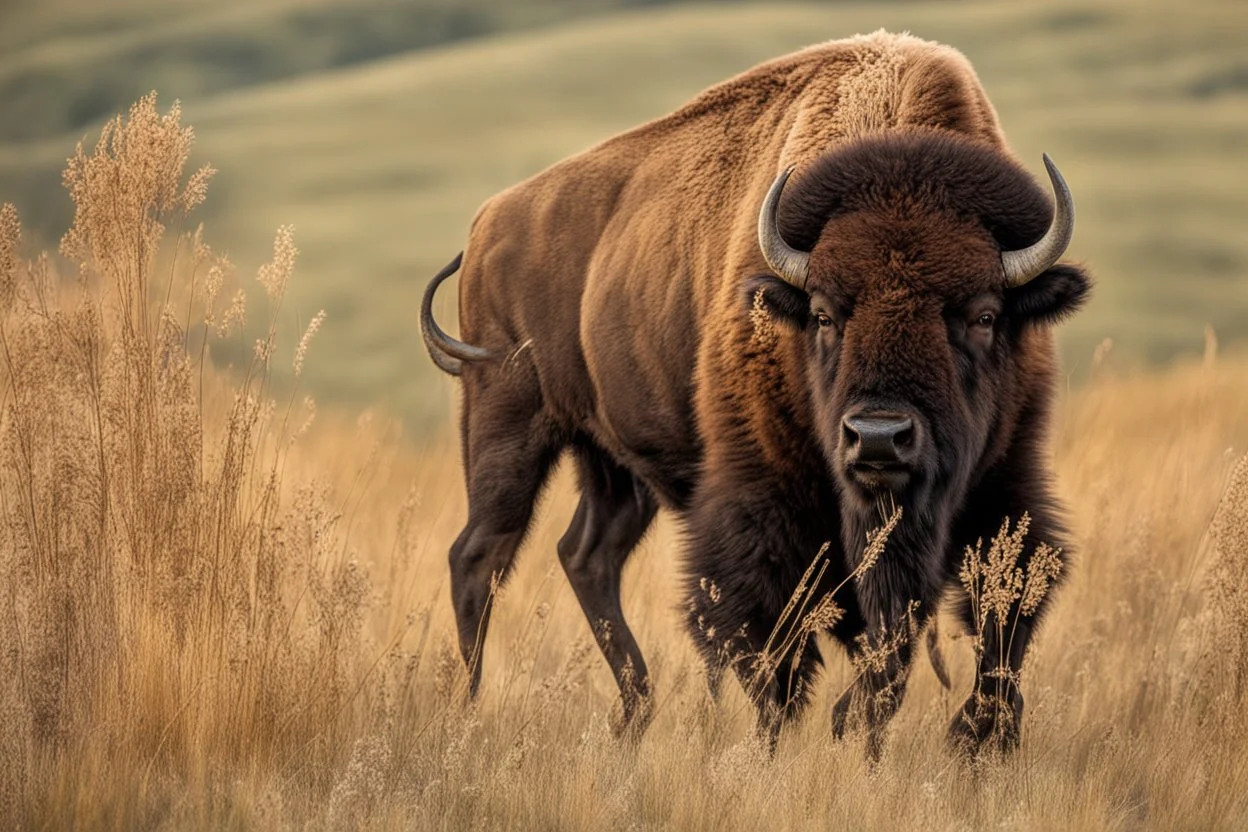 Bison walking uphill towards viewer's right, prairie grasses and plants in foreground, background fades out to completely white