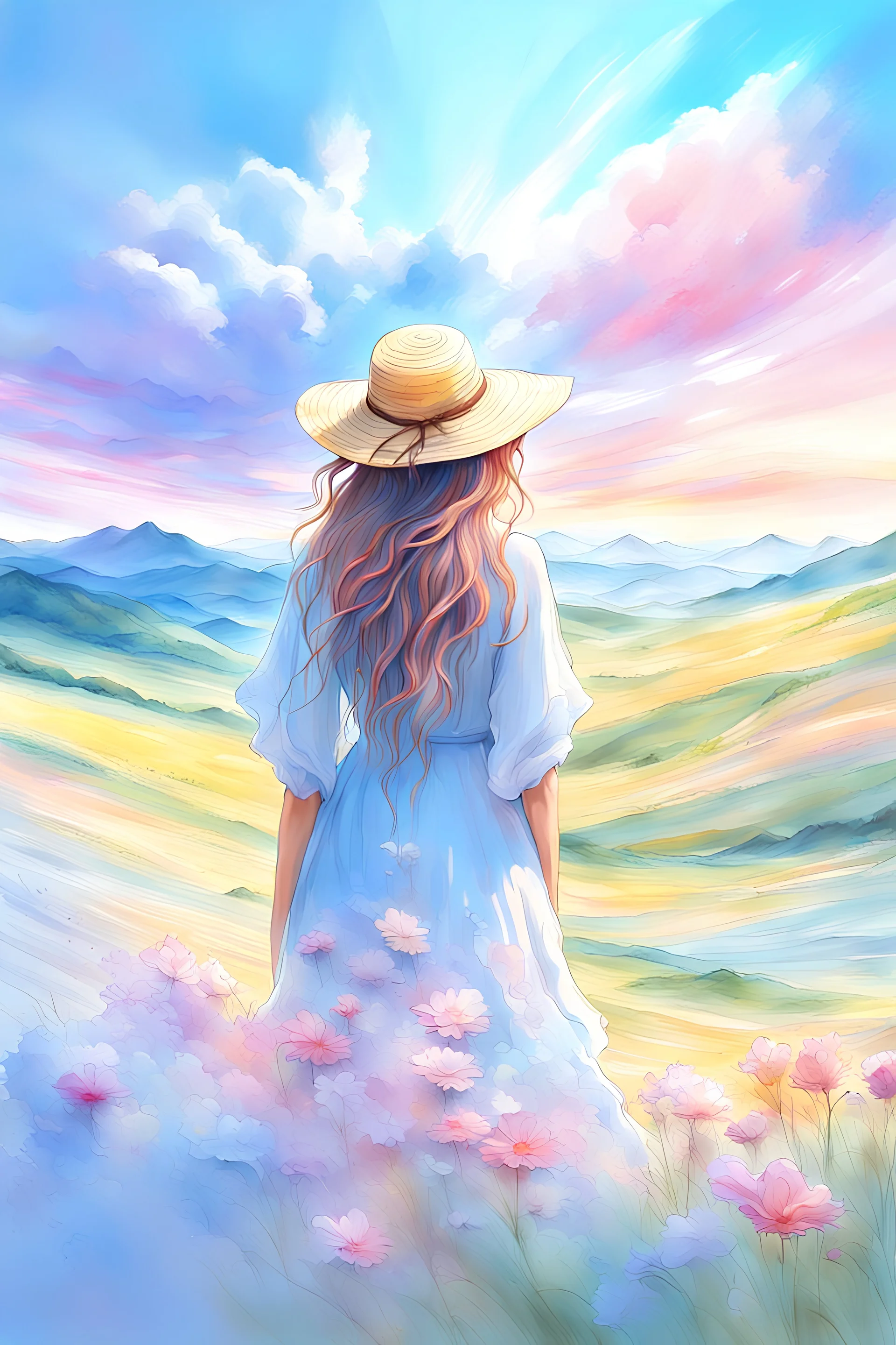 high quality, 8K Ultra HD, masterpiece, digital art, wash technique, colorful, Painting with dripping and scattered paint, blur, pale touch, smeared outline, like in a fairy tale, soft touch, summer sky, detailed clouds, back view of a woman, straw hat, beautiful summer meadow full of flowers, mountains, Her hair flutters in the wind, full body, sunset, pale blue dress, brown hair, luminism, three-dimensional effect, enhanced beauty, Albert Anker, Painting as Agnes Cecil, Greg Rutkowski, Artgerm