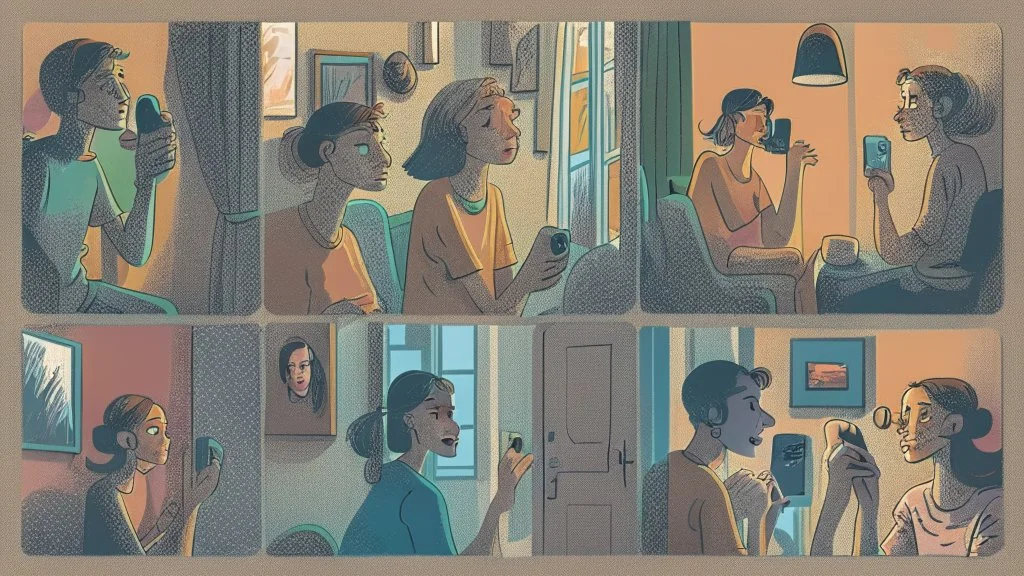 6 panels showing 12 different people in their house talking on the phone in a 12-step meeting