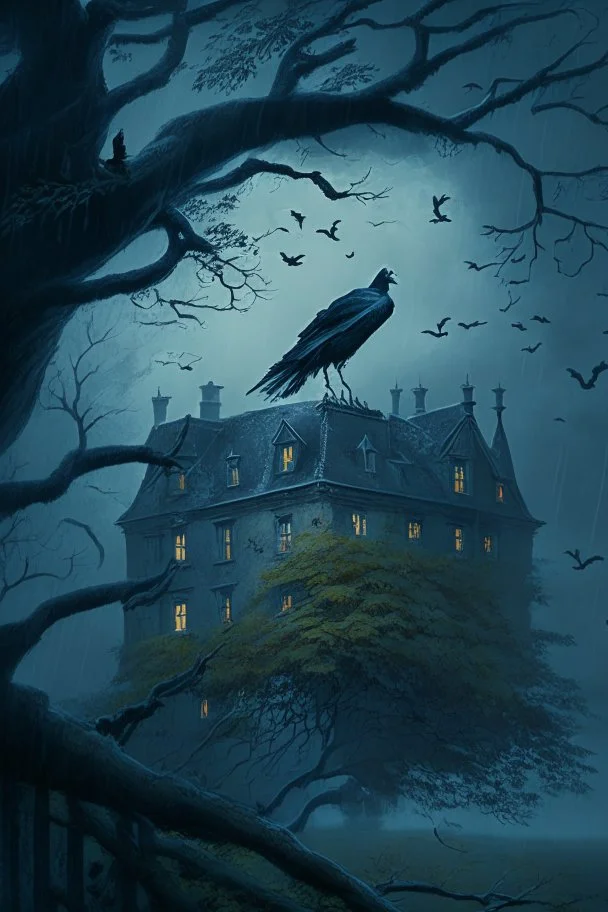 An old English mansion on a hill on a stormy night. A large crow is watching the flickering light from a window. The crow is on a branch in a large, leafy, horse chestnut tree.