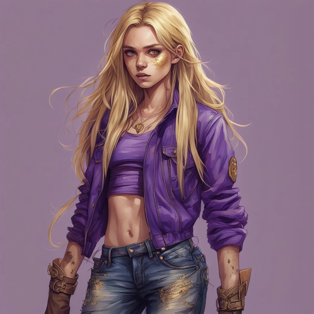 A girl with a purple gold hue around them with small bits of purple gold on their skin. They have long, dirty blonde hair and wear a tank-top with a jacket around their waist and jeans. They wear boots and have violate eyes.