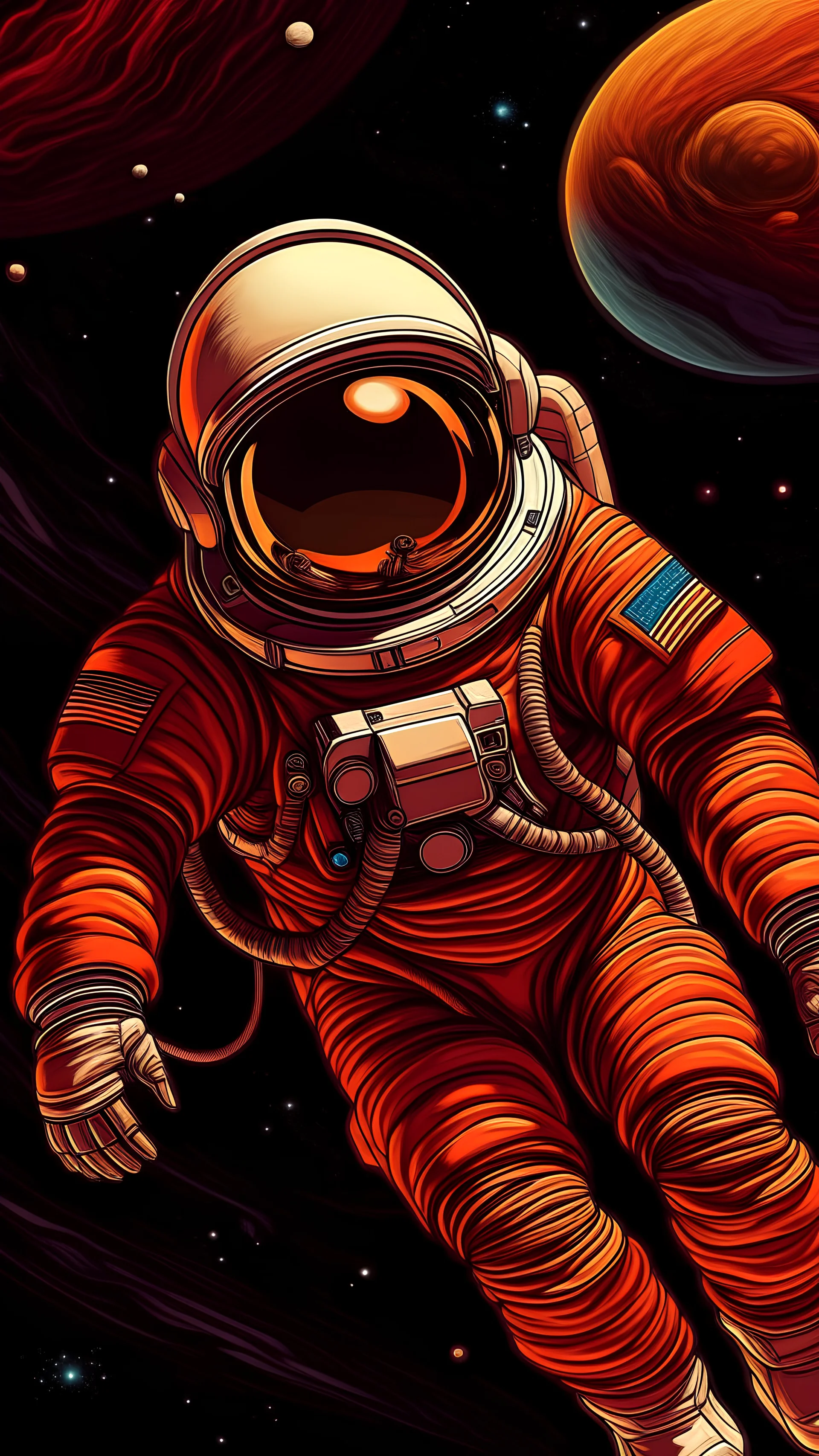 Un astronauta vestido de colores calidos, flotando en el espacio cerca del planeta jupiter