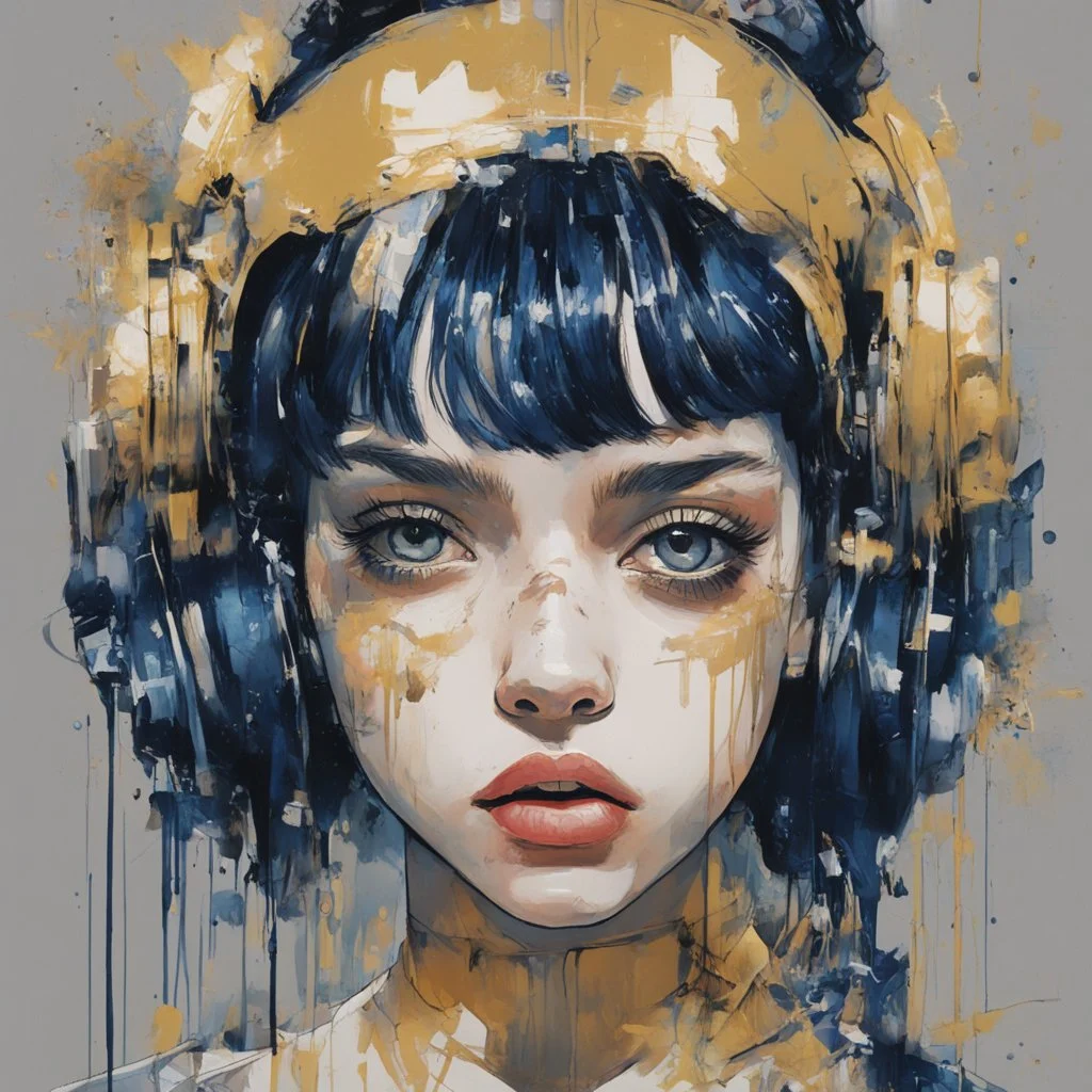 A portrait of a Singer Melanie Martinez face, cyberpunk, painting by Yoji Shinkawa, darkblue and gold tones,