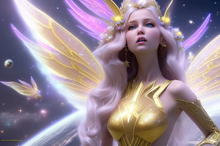  beautiful cosmic fairy, long hair, golden skin, nice smiling, transparent wings, magic glamour make up, delicate colors, beautiful glamour galactique dress, ultra sharp focus, 8k, unreal engine 5, extremely sharp detail, light effect, soft light atmosphere of a spaceship, smooth, full of details, face in front, complete vision of face and hair and body