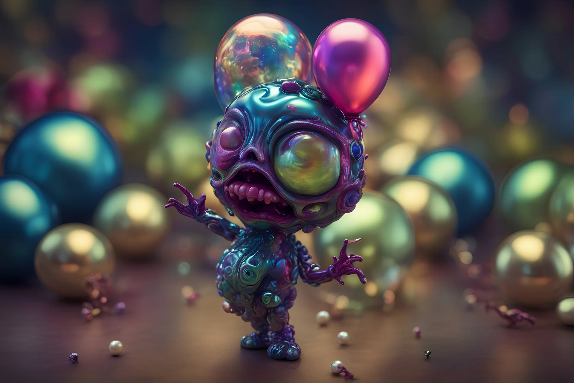 A zany cute tiny blown glass zombie doll (holding:1.5) a colorful pearlescent balloon shaped like a brain, ::write the words:: ""HAPPY NEW YEARS"" on the balloon, NEW YEARS party in the background, wacky zany facial expression, intricate detail, sharp, colorful, iridescent, deep color, 8k resolution, trending on Artstation, zombiecore, H.R. Giger, dynamic lighting, perfect features, perfect hands, perfect anatomy