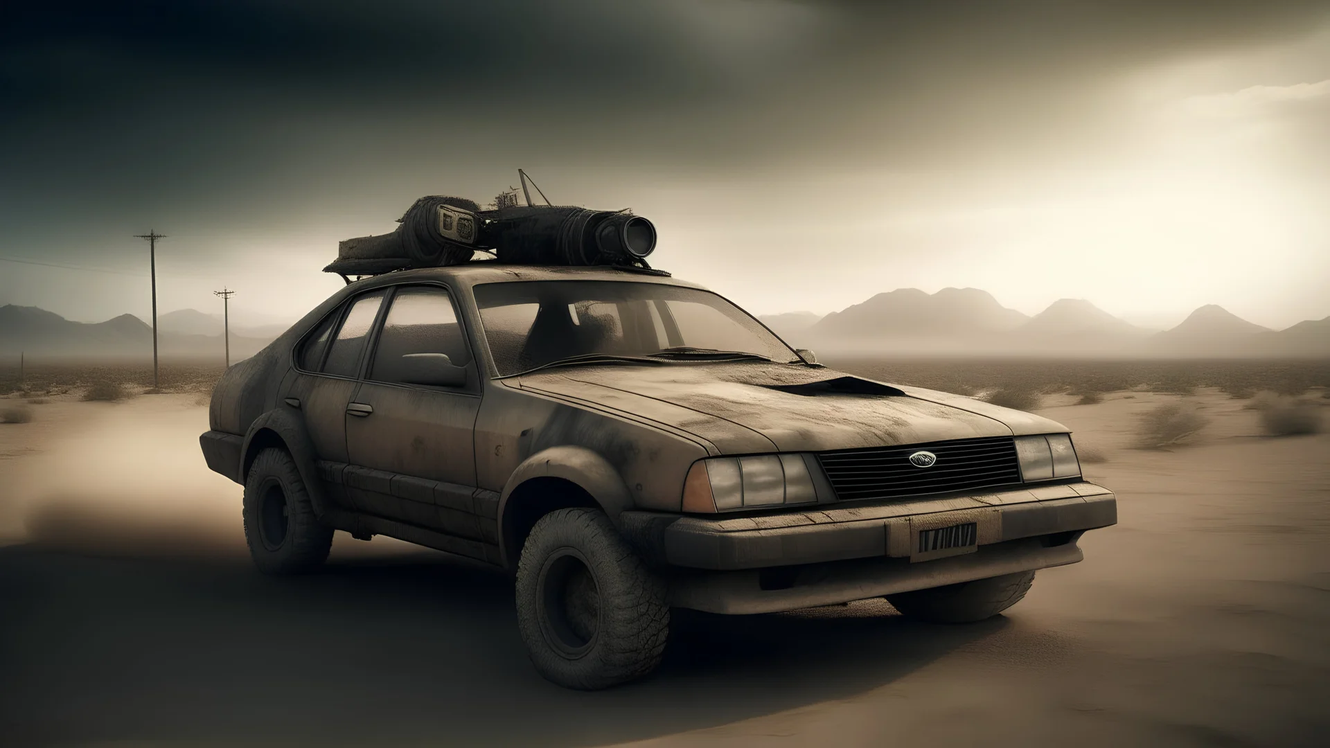 Craft a captivating image with a Mad Max vibe, showcasing a 1998 Honda Civic in a post-apocalyptic desert setting. Envision the vehicle on a desolate road, navigating through the harsh landscape amidst a fierce sandstorm. Employ a post-apocalyptic photography style to accentuate the rugged and worn aesthetic. Ensure the scene encapsulates the essence of a Mad Max-inspired world, with the Honda Civic representing resilience on the challenging road of this dystopian environment.