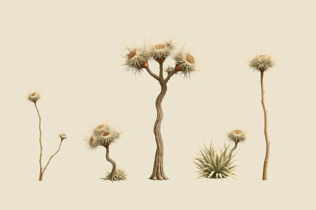 "Isolated concept art of multiple types of alien tree plant on a plain neutral background. Designed for Desert biome – dry, spiky, brittle grass with sharp edges, thorn-like blades, and pale dusty colors