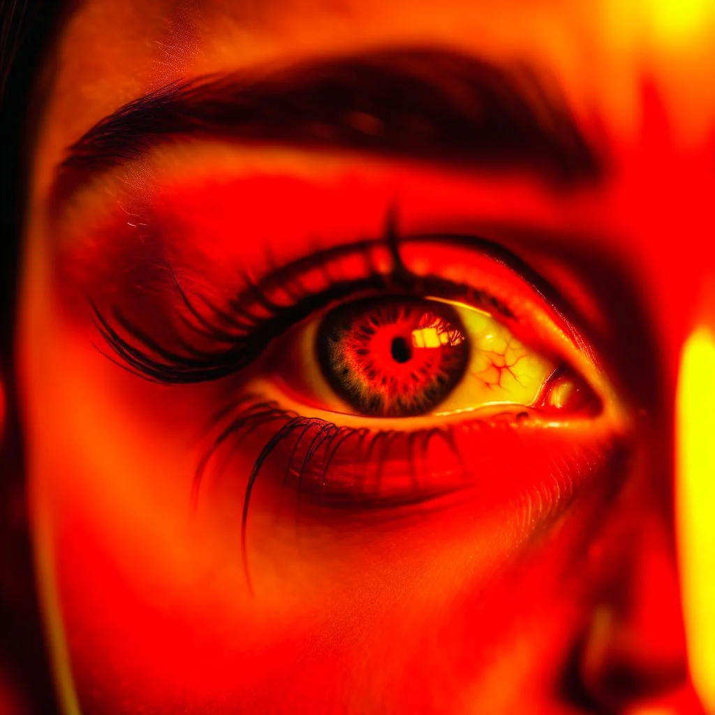 a woman's eye reflecting candlelight, warm orange/red colours, sadness, photo quality