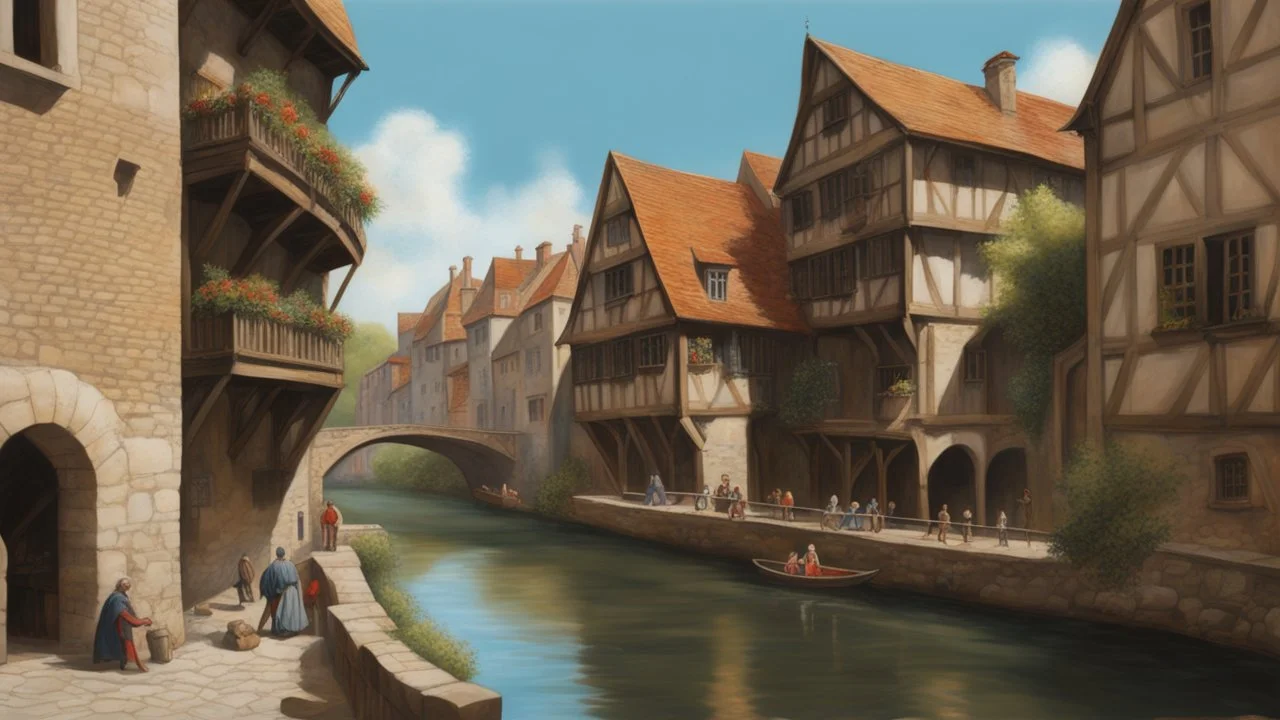 medieval buildings, balconies overhanging a river, blue sky and people, photorealism, trees, foliage, piers,