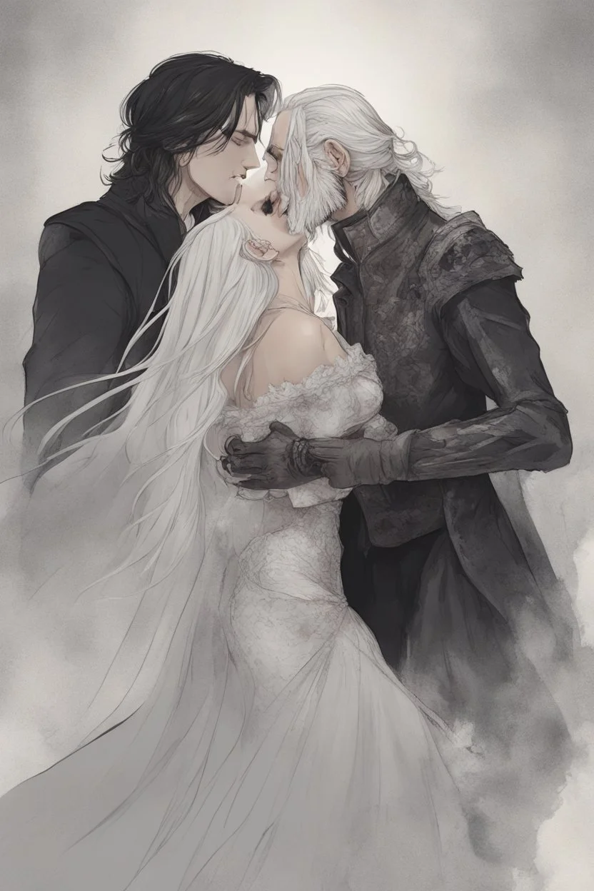 Strahd Von Zarovich, long black hair, being kissed on the mouth by a beautiful woman with white hair, wearing an off the shoulder dress. Settling and background are a lavish toomb with an ebony coffin.